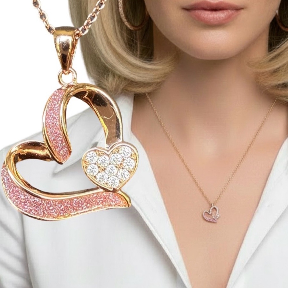 JCM Stamped BRASS Pink & Clear Cubic Zirconias Heart Necklace. Rosegold NEW